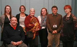 From left to right.
Jodie Vaughan – Alzheimers research, Peter Carr – Standing Start, Jill Yates – Hearing Dogs for the deaf, Debra Maloney with puppy, James Martin – Winter Comfort, Jane Healey. All detailed what their donation would be used to provide.